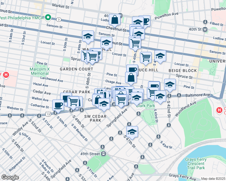 map of restaurants, bars, coffee shops, grocery stores, and more near 431 South 46th Street in Philadelphia