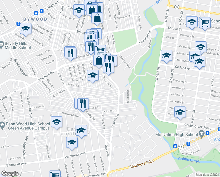 map of restaurants, bars, coffee shops, grocery stores, and more near 6937 Ruskin Lane in Delaware County