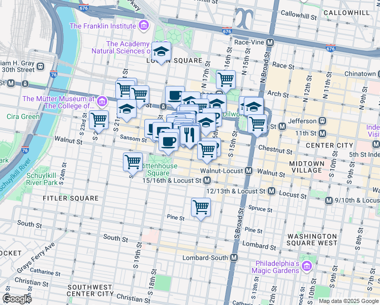 map of restaurants, bars, coffee shops, grocery stores, and more near 1729 Sansom Street in Philadelphia