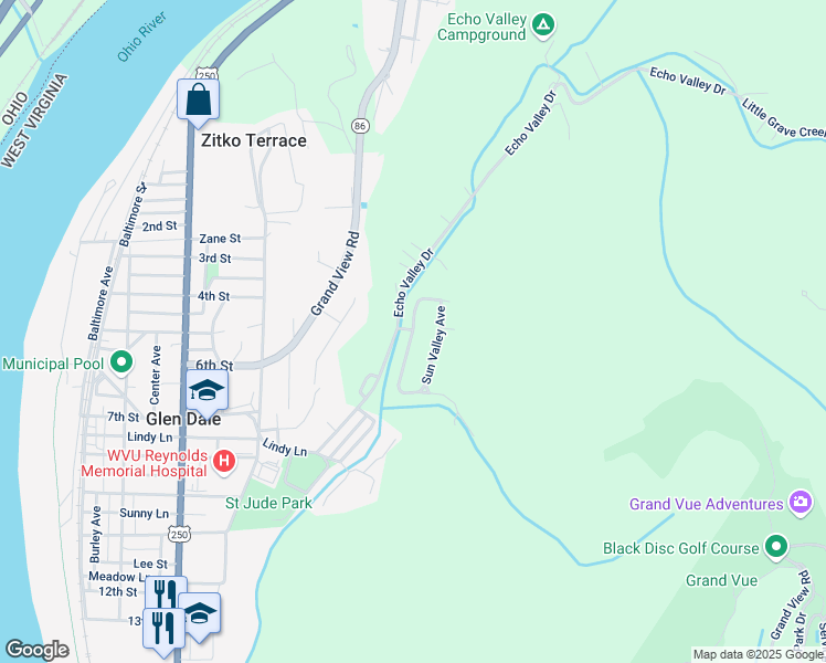 map of restaurants, bars, coffee shops, grocery stores, and more near 72 Sun Valley in Glen Dale