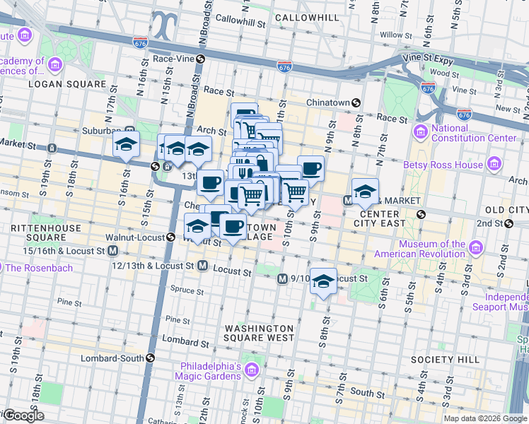 map of restaurants, bars, coffee shops, grocery stores, and more near 62 S 11th St in Philadelphia