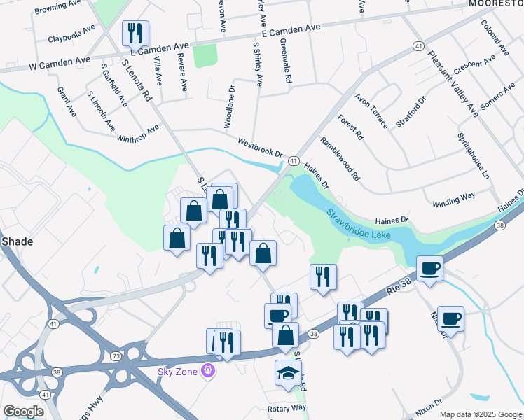 map of restaurants, bars, coffee shops, grocery stores, and more near 113 Kings Highway in Moorestown
