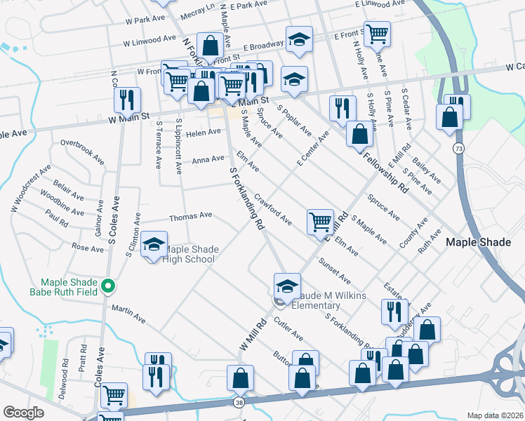 map of restaurants, bars, coffee shops, grocery stores, and more near 239 South Forklanding Road in Maple Shade