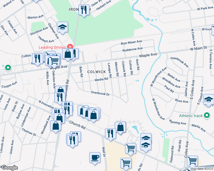 map of restaurants, bars, coffee shops, grocery stores, and more near 104 Lenape Road in Cherry Hill