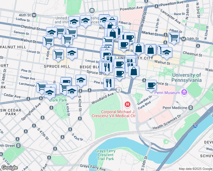 map of restaurants, bars, coffee shops, grocery stores, and more near 405 South 40th Street in Philadelphia