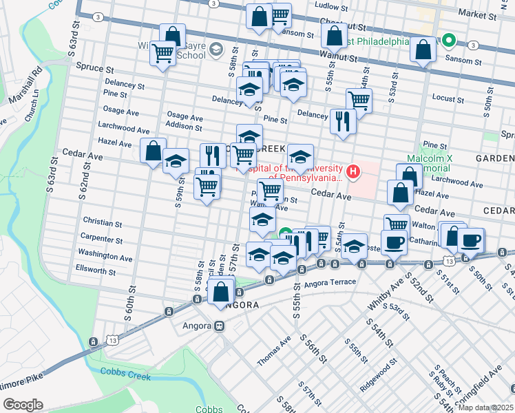 map of restaurants, bars, coffee shops, grocery stores, and more near 5634 Walton Avenue in Philadelphia