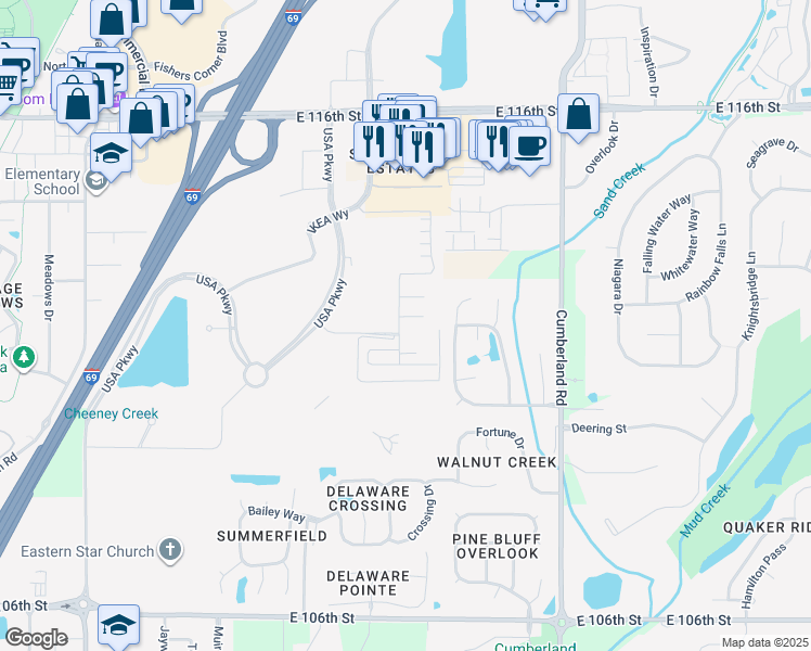 map of restaurants, bars, coffee shops, grocery stores, and more near 11142 Timberview Drive in Fishers
