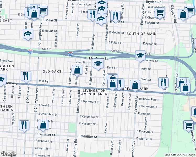 map of restaurants, bars, coffee shops, grocery stores, and more near 750 Miller Avenue in Columbus