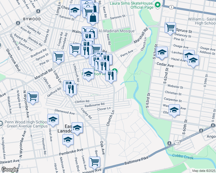 map of restaurants, bars, coffee shops, grocery stores, and more near 6931 Ruskin Lane in Upper Darby