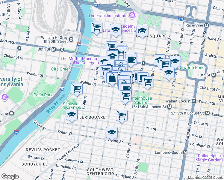 map of restaurants, bars, coffee shops, grocery stores, and more near 2100 Walnut Street in Philadelphia