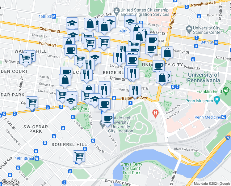 map of restaurants, bars, coffee shops, grocery stores, and more near 403 South 41st Street in Philadelphia