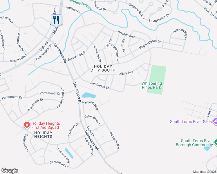 map of restaurants, bars, coffee shops, grocery stores, and more near 12 Mayaquez Lane in Toms River