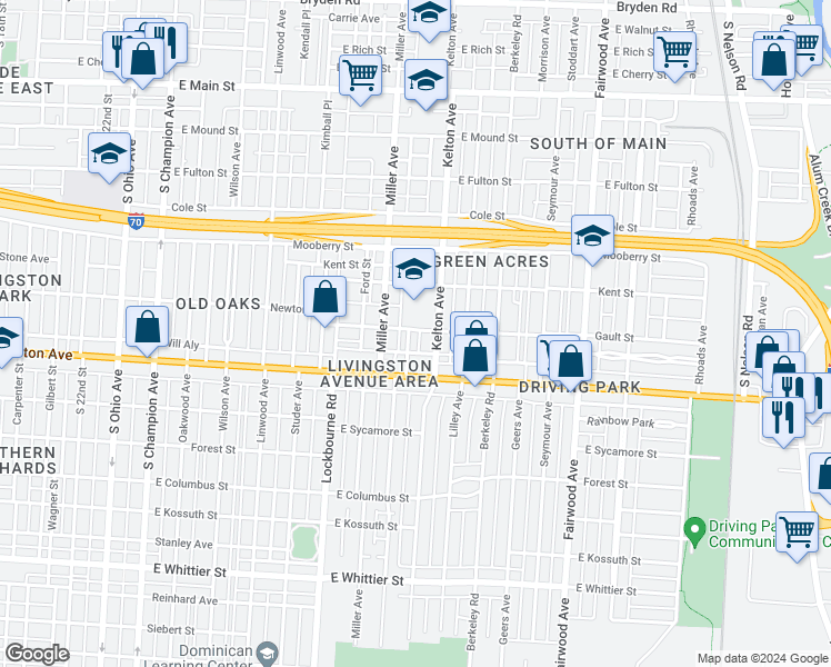 map of restaurants, bars, coffee shops, grocery stores, and more near 1419 Gault Street in Columbus