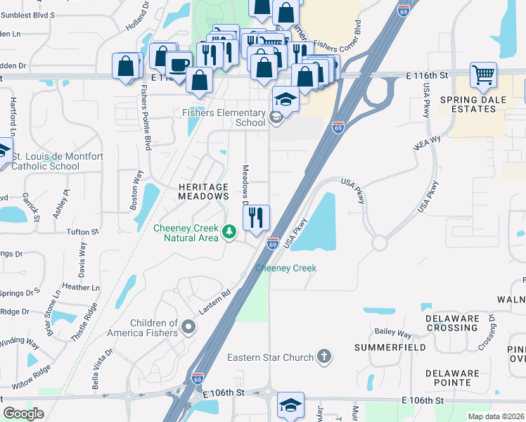 map of restaurants, bars, coffee shops, grocery stores, and more near 11225 Lantern Road in Fishers