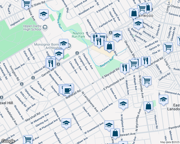 map of restaurants, bars, coffee shops, grocery stores, and more near 321 Congress Avenue in Lansdowne