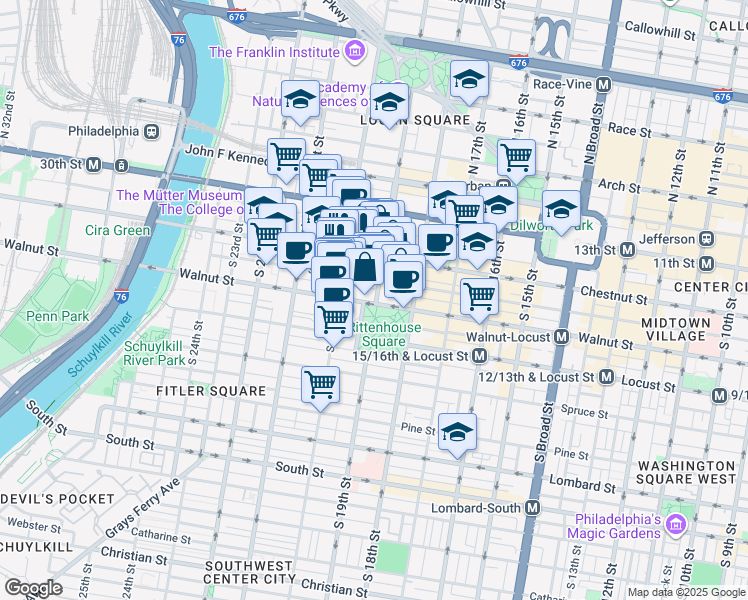 map of restaurants, bars, coffee shops, grocery stores, and more near 1911 Walnut Street in Philadelphia