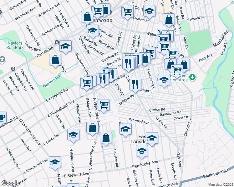 map of restaurants, bars, coffee shops, grocery stores, and more near 53 Lamport Road in Upper Darby