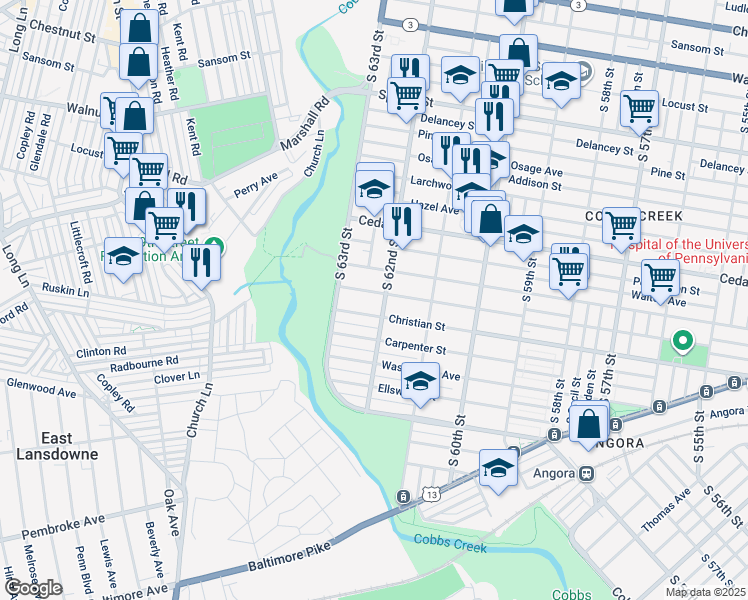 map of restaurants, bars, coffee shops, grocery stores, and more near 6212 Webster Street in Philadelphia