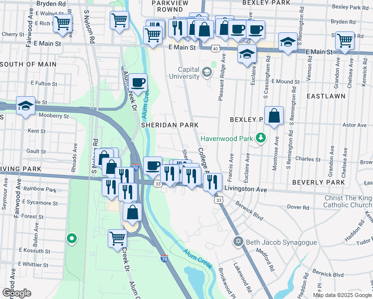 map of restaurants, bars, coffee shops, grocery stores, and more near 882 Sheridan Avenue in Bexley