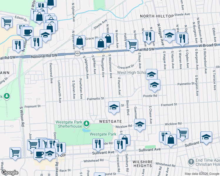 map of restaurants, bars, coffee shops, grocery stores, and more near 165 South Westmoor Avenue in Columbus
