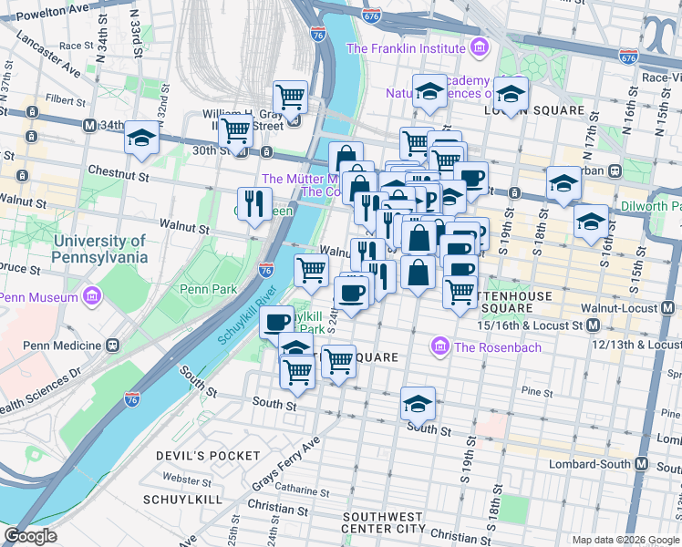 map of restaurants, bars, coffee shops, grocery stores, and more near South 24th Street in Philadelphia