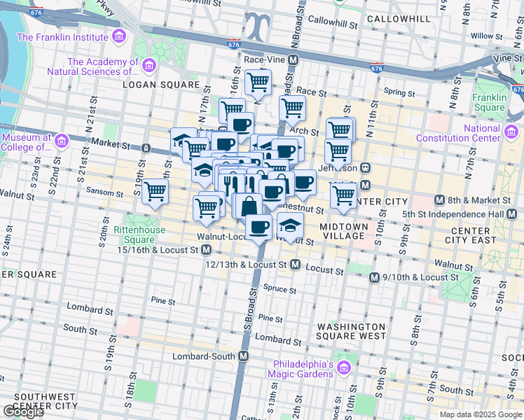 map of restaurants, bars, coffee shops, grocery stores, and more near 1416 Chestnut Street in Philadelphia