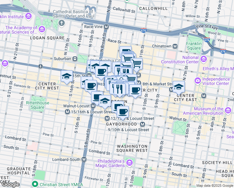 map of restaurants, bars, coffee shops, grocery stores, and more near 12 South 12th Street in Philadelphia