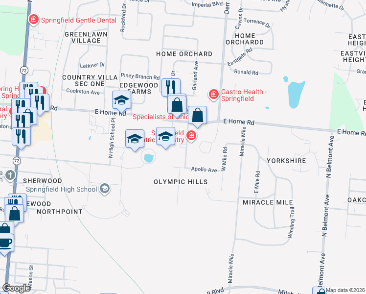 map of restaurants, bars, coffee shops, grocery stores, and more near 2207 Olympic Street in Springfield