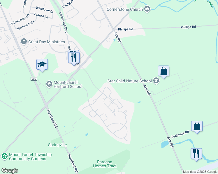 map of restaurants, bars, coffee shops, grocery stores, and more near 503A Harwood Court in Mount Laurel Township