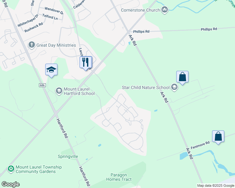 map of restaurants, bars, coffee shops, grocery stores, and more near 303A Harwood Court in Mount Laurel Township