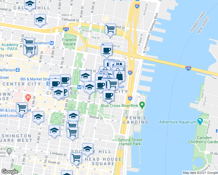 map of restaurants, bars, coffee shops, grocery stores, and more near 51 North 3rd Street in Philadelphia