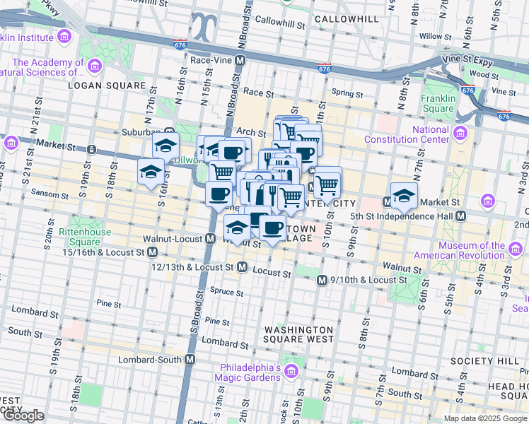 map of restaurants, bars, coffee shops, grocery stores, and more near 12 South 12th Street in Philadelphia