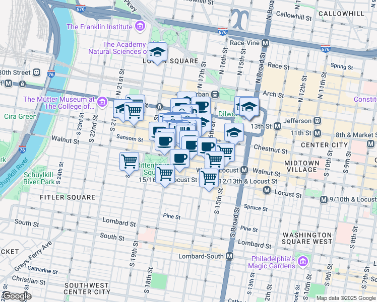 map of restaurants, bars, coffee shops, grocery stores, and more near 1729 Sansom Street in Philadelphia