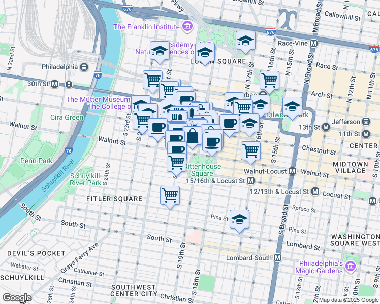 map of restaurants, bars, coffee shops, grocery stores, and more near 124-26 South 19th Street in Philadelphia