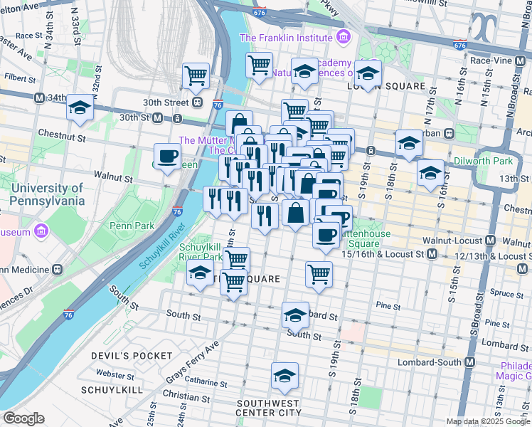 map of restaurants, bars, coffee shops, grocery stores, and more near in Philadelphia