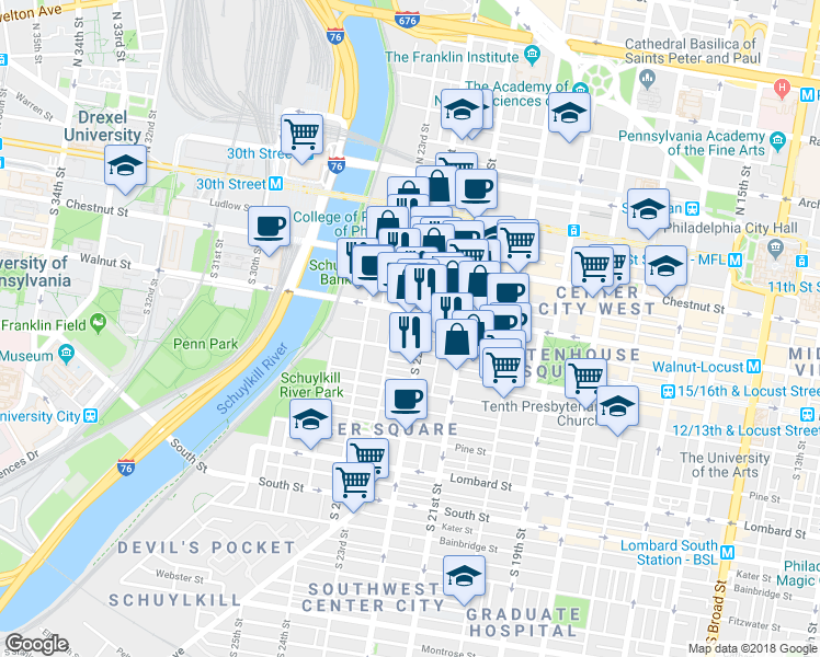map of restaurants, bars, coffee shops, grocery stores, and more near in Philadelphia