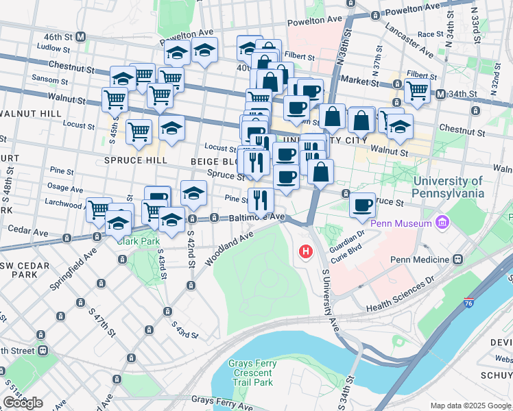 map of restaurants, bars, coffee shops, grocery stores, and more near 3940 Delancey Street in Philadelphia