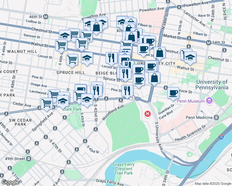 map of restaurants, bars, coffee shops, grocery stores, and more near 4015 Pine Street in Philadelphia