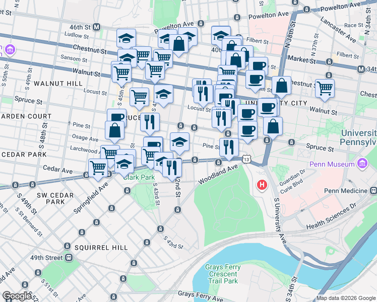 map of restaurants, bars, coffee shops, grocery stores, and more near 319 South 41st Street in Philadelphia