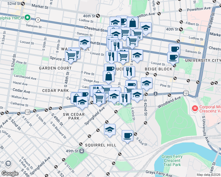 map of restaurants, bars, coffee shops, grocery stores, and more near 4428 Pine Street in Philadelphia