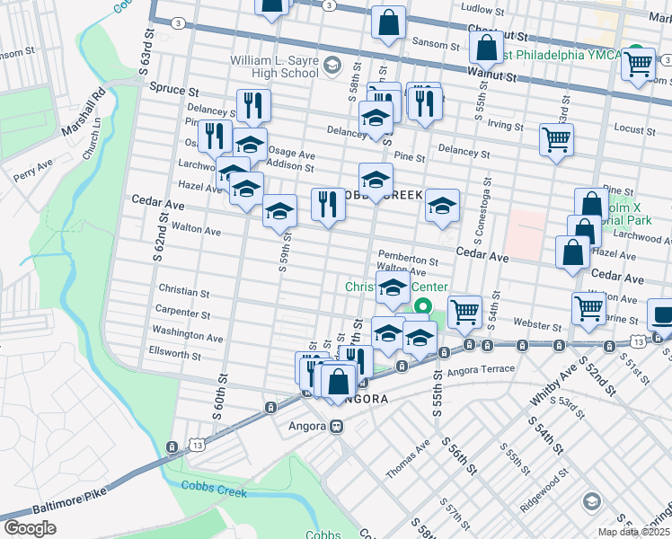 map of restaurants, bars, coffee shops, grocery stores, and more near 5749 Walton Avenue in Philadelphia