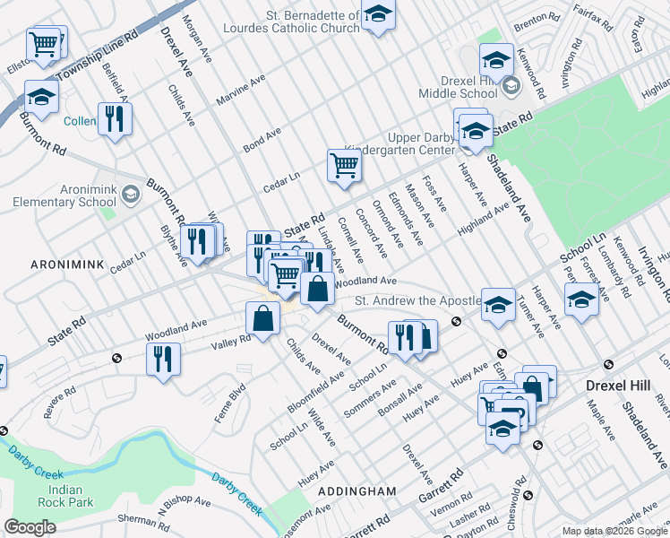 map of restaurants, bars, coffee shops, grocery stores, and more near 724 Lindale Avenue in Drexel Hill