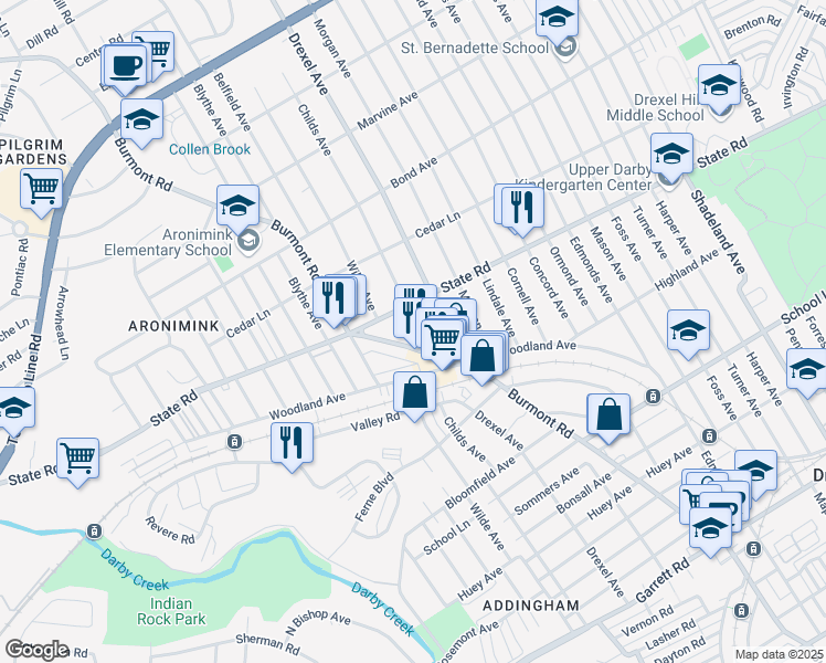 map of restaurants, bars, coffee shops, grocery stores, and more near 743 Childs Avenue in Drexel Hill