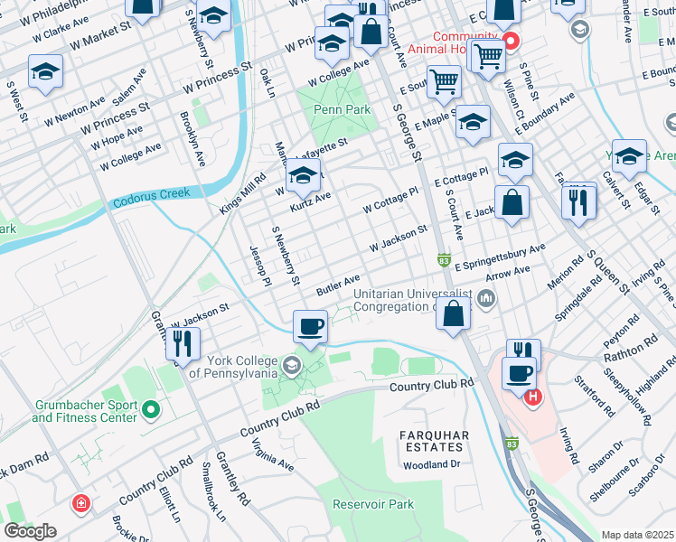 map of restaurants, bars, coffee shops, grocery stores, and more near 247 West Jackson Street in York