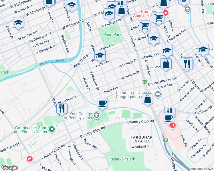 map of restaurants, bars, coffee shops, grocery stores, and more near 247 West Jackson Street in York