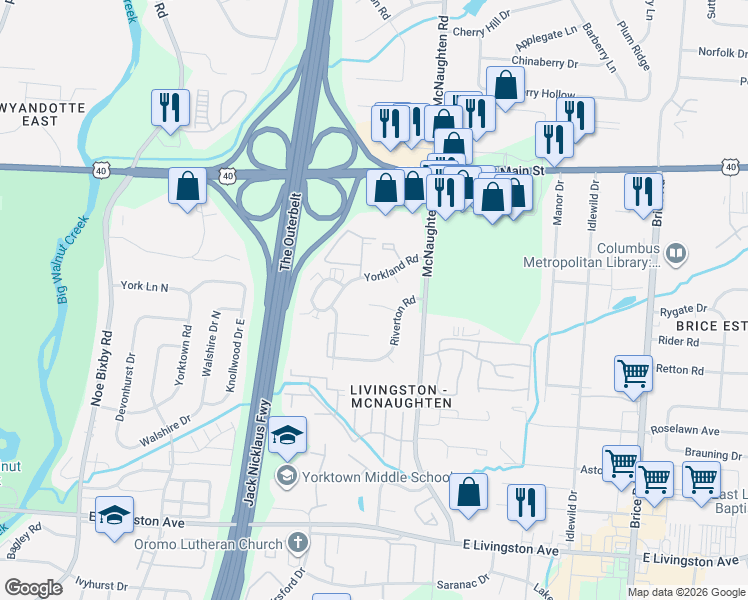 map of restaurants, bars, coffee shops, grocery stores, and more near 1328 Yorkland Road in Columbus