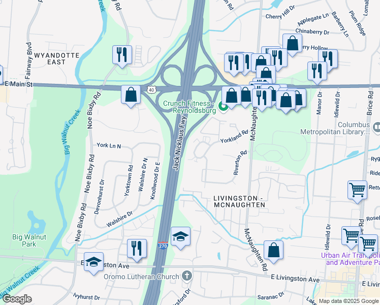 map of restaurants, bars, coffee shops, grocery stores, and more near 1387 Orchard Park Drive in Columbus