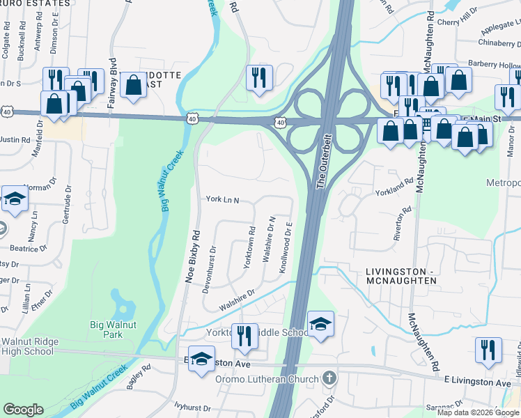 map of restaurants, bars, coffee shops, grocery stores, and more near 5555 Knollwood Drive in Columbus