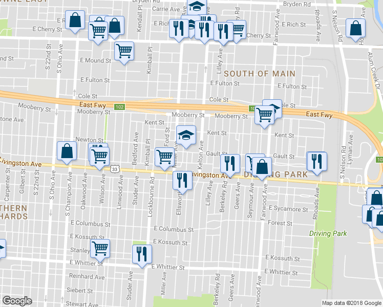 map of restaurants, bars, coffee shops, grocery stores, and more near 750 Miller Avenue in Columbus