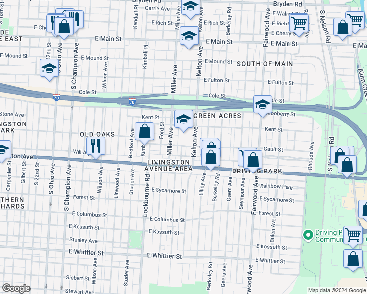map of restaurants, bars, coffee shops, grocery stores, and more near 750 Miller Avenue in Columbus